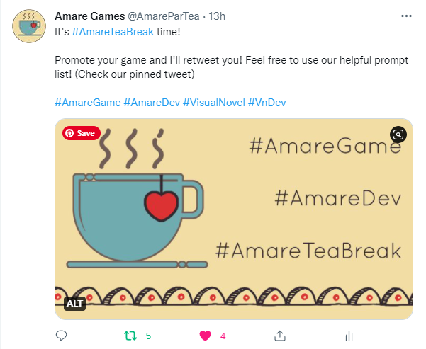 Tweet promoting the Amare Tea Break, a hour were the bot retweets your tweets.